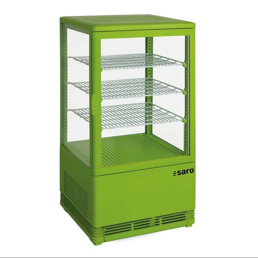 Grön SARO SC 70 Kylmonter med helglasfront och gallerhyllor.