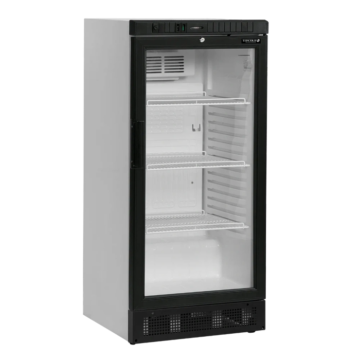 TEFCOLD SCU1220 Dryckeskyl med glasdörr och tre hyllplan, visad tom.
