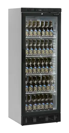 Tefcold SCU1280 Displaykyl fullastad med ölflaskor på hyllorna