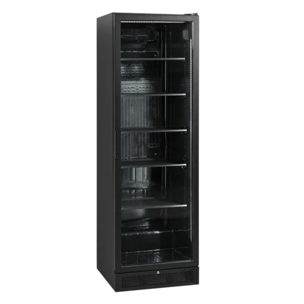 TEFCOLD SCU1425H Dryckeskyl med svart interiör och flera hyllor.