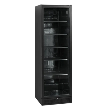 TEFCOLD SCU1425H Dryckeskyl med svart interiör och flera hyllor.