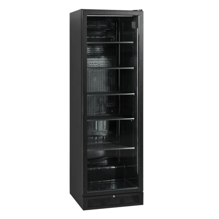 TEFCOLD SCU1425H Dryckeskyl med svart interiör och flera hyllor.