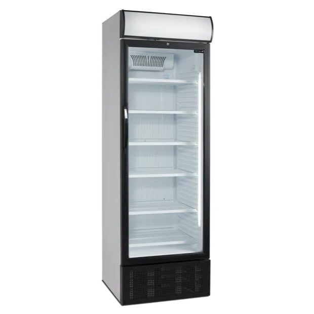 Fristående kylskåp TEFCOLD SCU 1450 CP med glasdörr och fem hyllor, perfekt för dryckesförvaring.