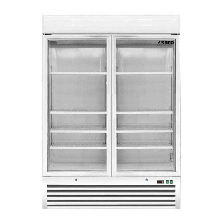 Saro D 920 displayfrys med två glasdörrar och flera justerbara hyllor.