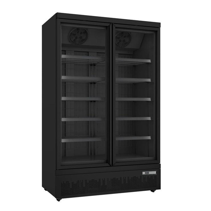 Saro GTK 930 PRO displayfrys i svart design med dubbla glasdörrar .