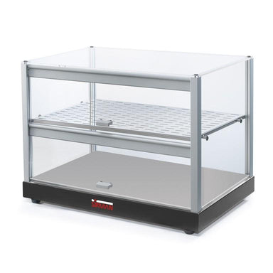 Tom Sirman Cube displaymonter med dubbla hyllplan i glas och aluminiumram.