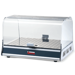 Sirman Vista P1N Displaymonter med transparent lucka och rostfri botten för exponering av livsmedel.
