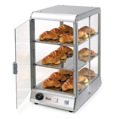 Sirman Vista Tower Hot Värmemonter med tre hyllor fyllda med croissanter.