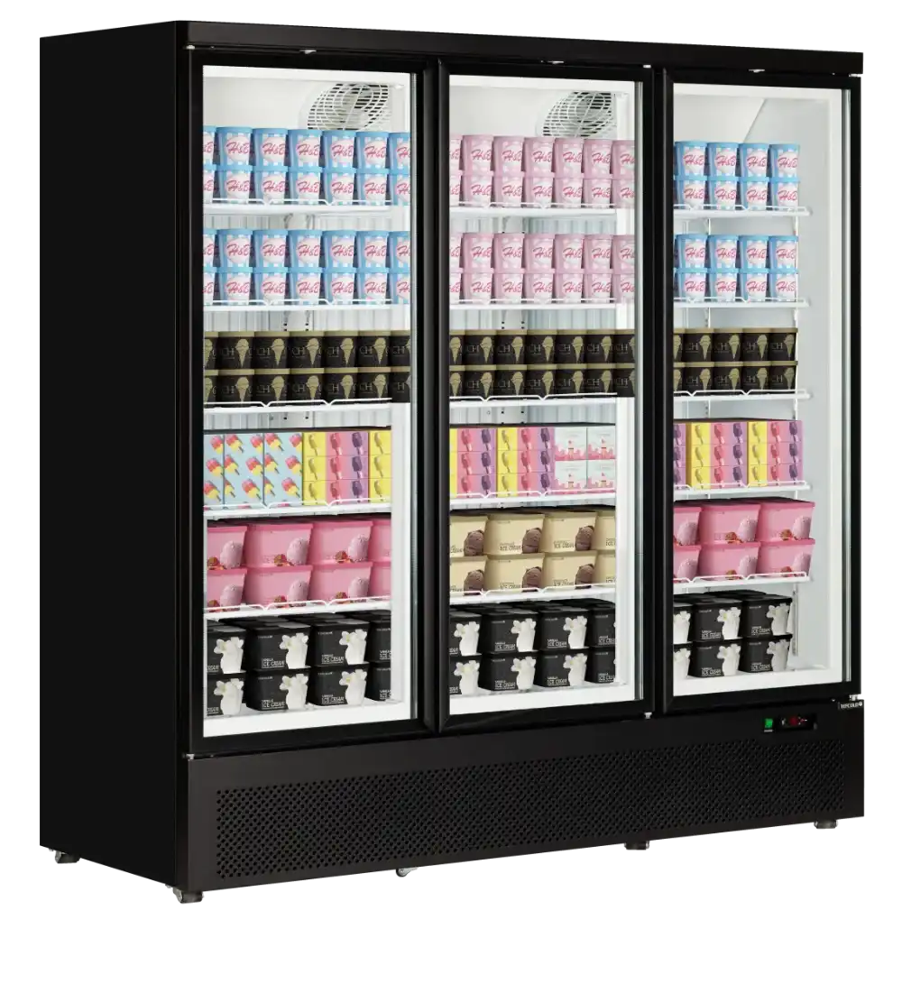 Fylld TEFCOLD Atom Maxi F3DB displayfrys med glassprodukter