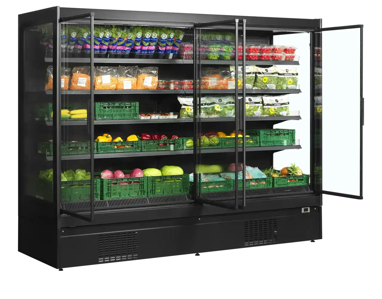 TEFCOLD EXTRA2500CD med öppna dörrar och flera hyllor fyllda med frukt och grönsaker.