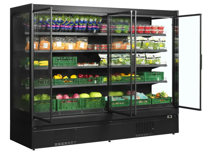 TEFCOLD EXTRA2500CD med öppna dörrar och flera hyllor fyllda med frukt och grönsaker.