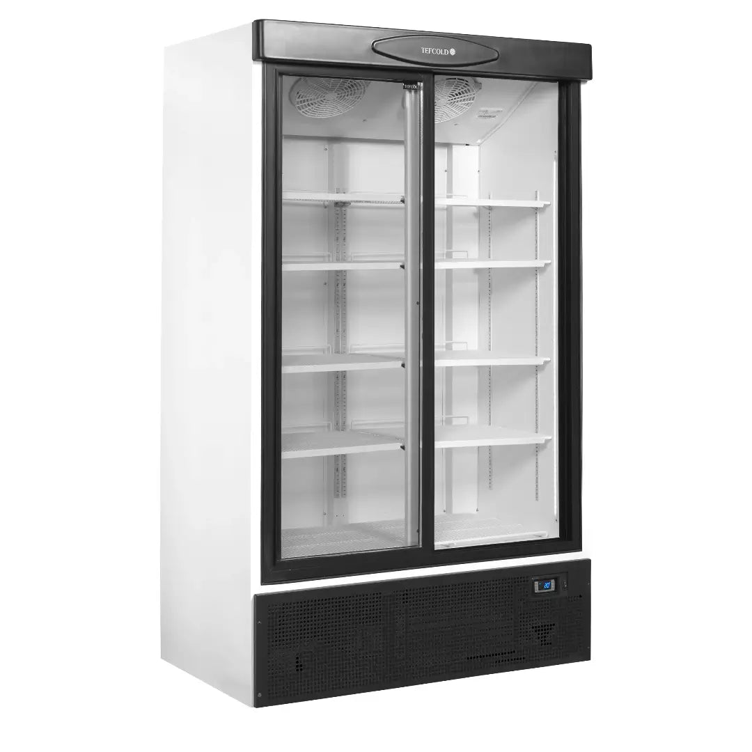TEFCOLD FS1205S Displaykyl med dubbla glasdörrar och tomma hyllor.