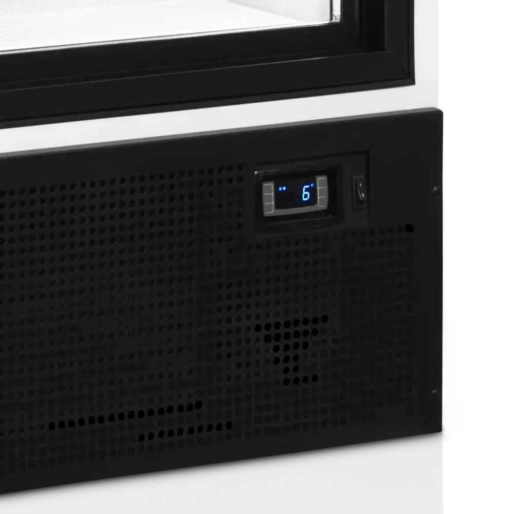 Digital termometer och ventilationsgaller på TEFCOLD FS1205S Displaykyl.