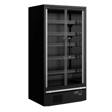 Tom TEFCOLD Galaxy+ GP10FGD Black väggkyl med dubbla glasdörrar och justerbara hyllor.