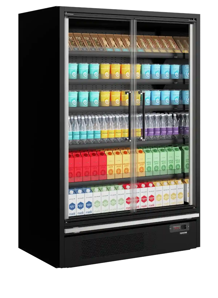 TEFCOLD Galaxy+ GP14FGD Black väggkyl fylld med matvaror.