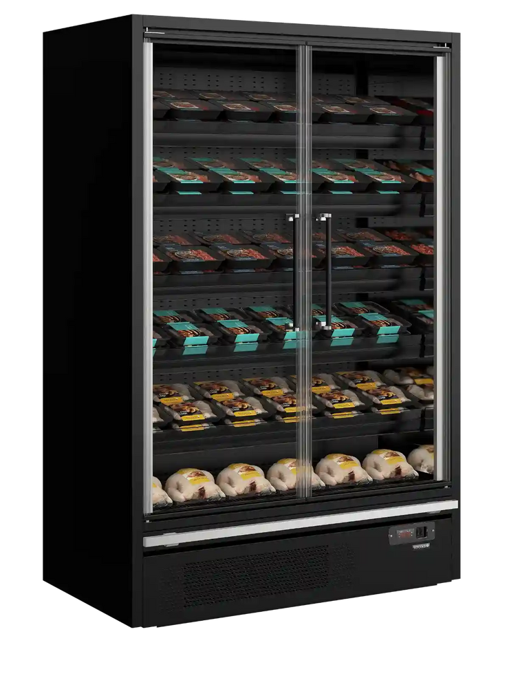 TEFCOLD Galaxy+ GP14FGD Black väggkyl fylld med kött och färdigrätter.