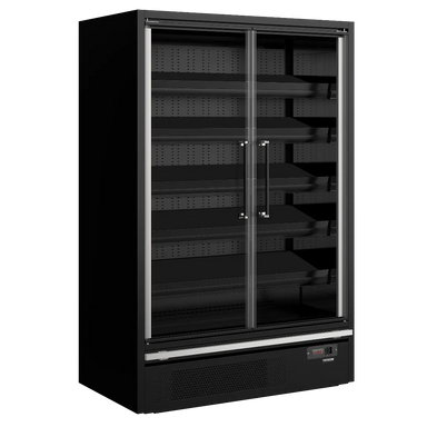 Tom TEFCOLD Galaxy+ GP14FGD Black väggkyl med dubbla glasdörrar och justerbara hyllor.