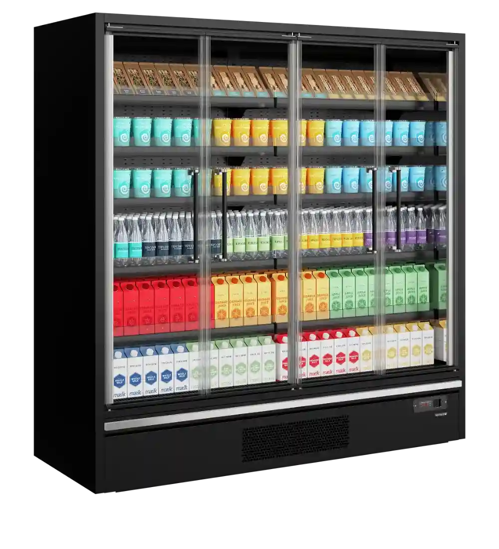 TEFCOLD Galaxy+ GP20FGD Black Väggkyl full med dryck och livsmedel.