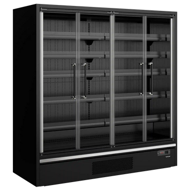 Tom TEFCOLD Galaxy+ GP20FGD Black Väggkyl med hyllor och glasdörrar.