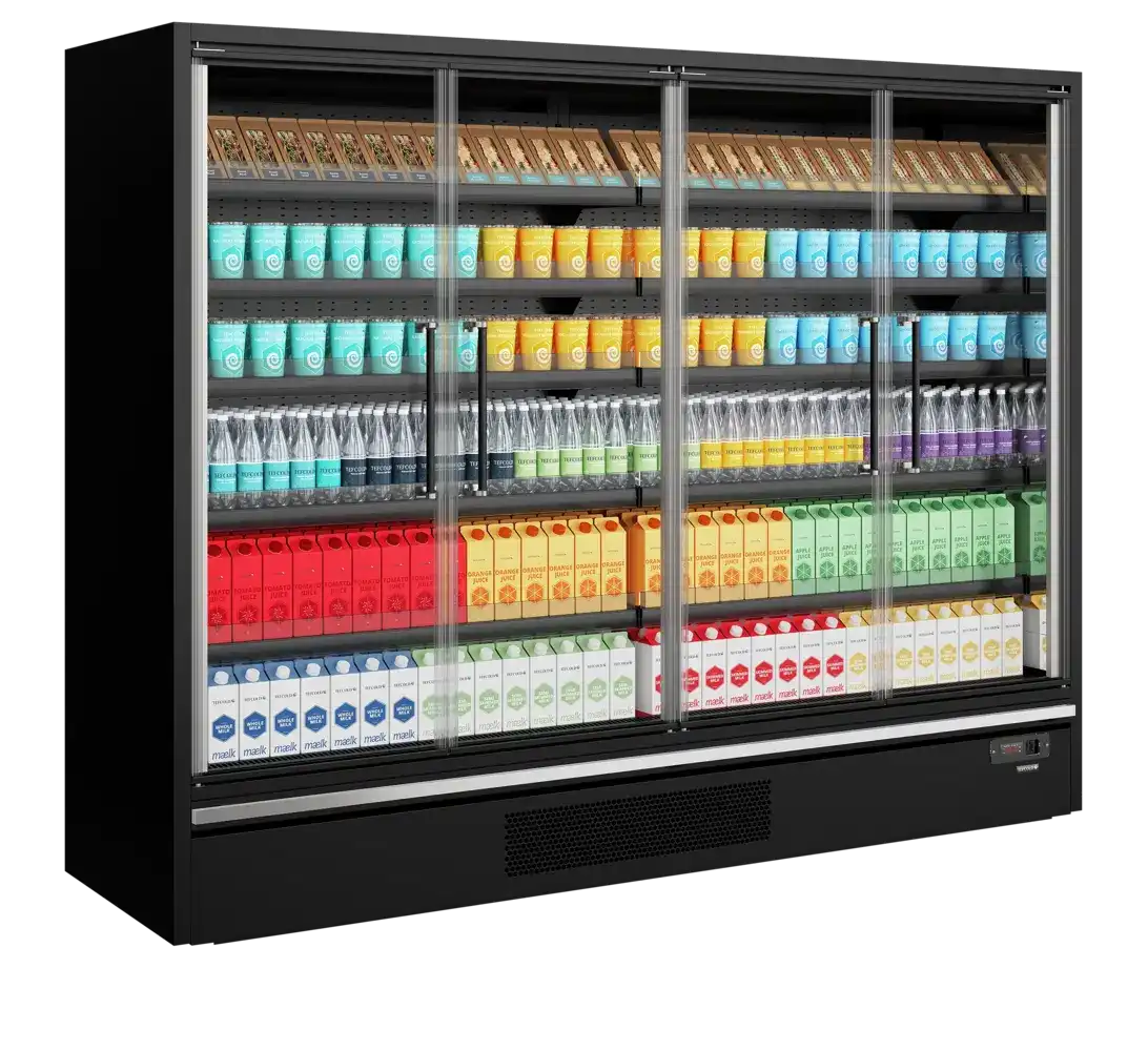 TEFCOLD Galaxy+ GP26FGD Black Väggkyl full med dryck och livsmedel.