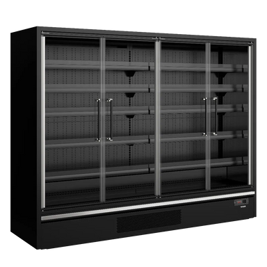 Tom TEFCOLD Galaxy+ GP26FGD Black Väggkyl med öppna hyllor och glasdörrar.