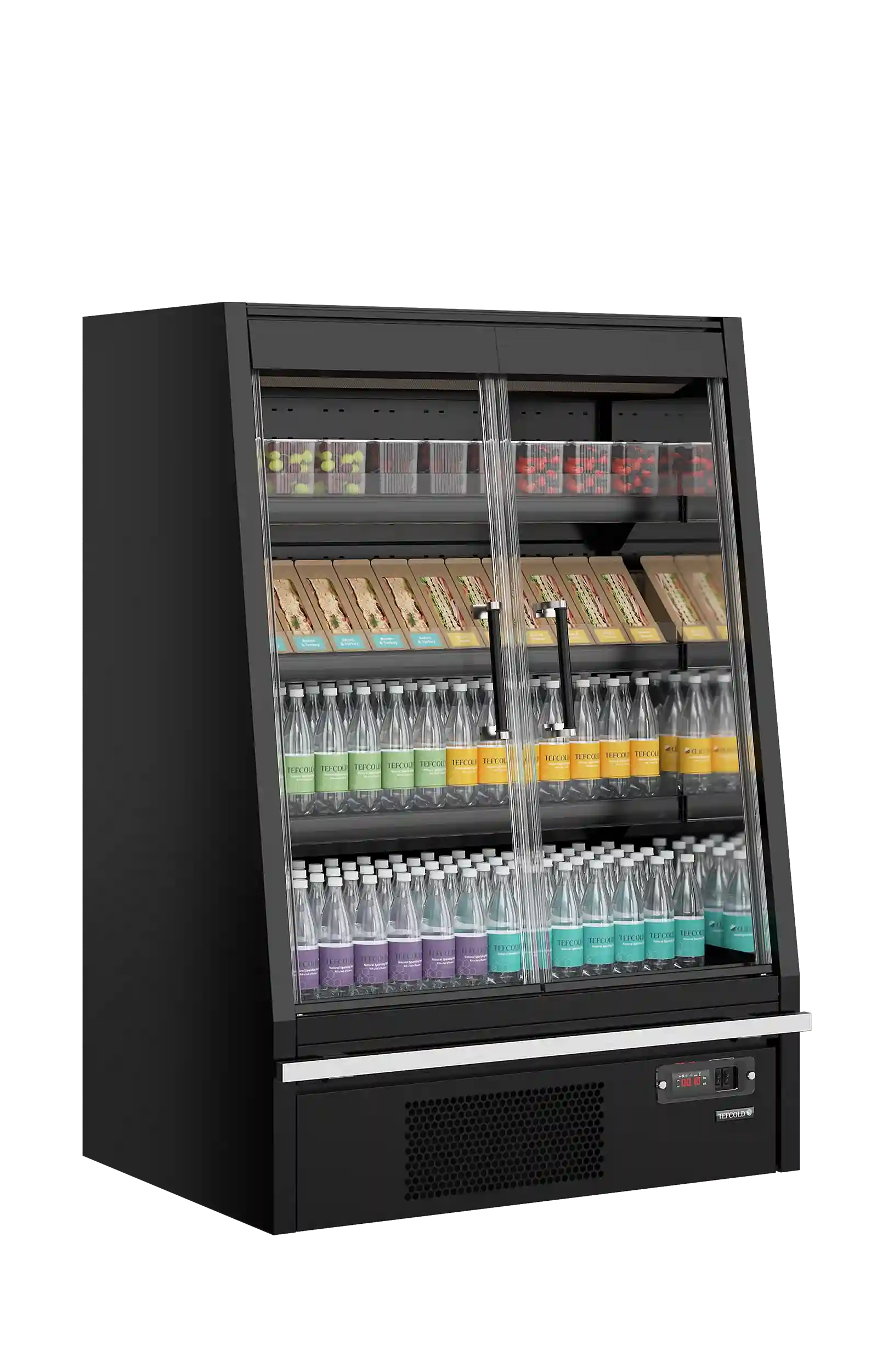 TEFCOLD Galaxy+ GPL10FGD Black väggkyl fylld med dryck och matvaror