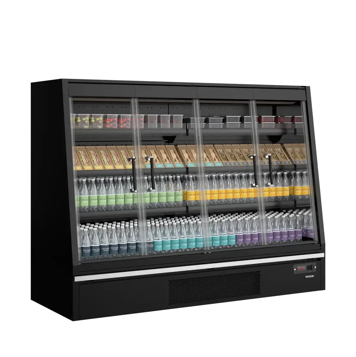 TEFCOLD Galaxy+ GPL20FGD Black väggkyl fylld med dryck och matvaror