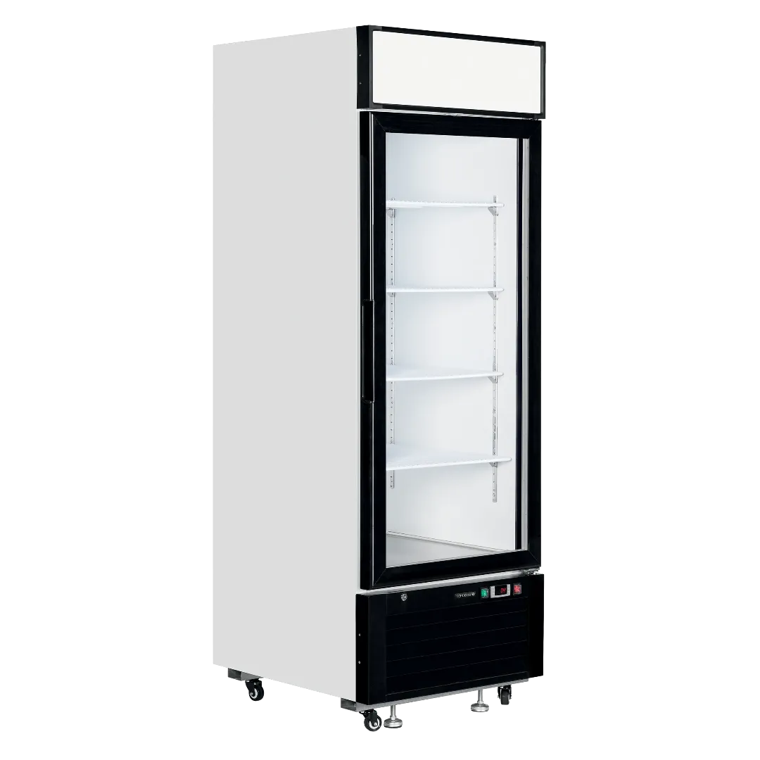 Vit TEFCOLD LGC2500B Exponeringskyl med tomma hyllor och glasdörr.