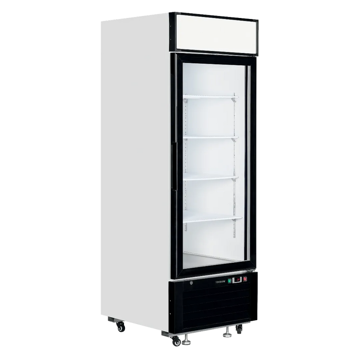 Vit TEFCOLD LGC2500B Exponeringskyl med tomma hyllor och glasdörr.
