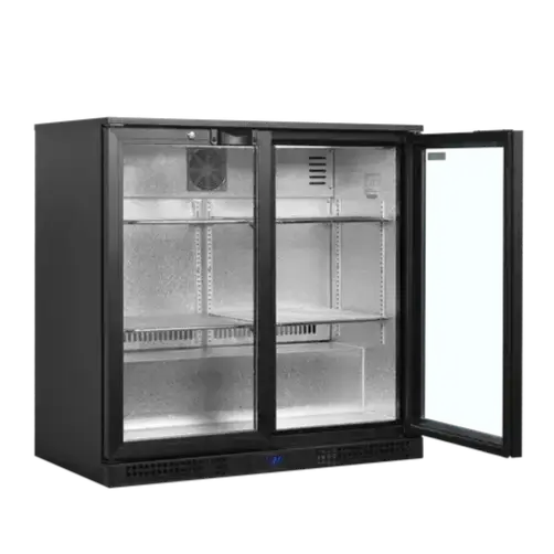 TEFCOLD BA21H kyl med dubbla glasdörrar i svart design, visad med öppen dörr och tom inredning.
