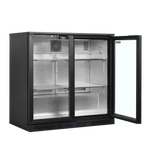 Tefcold BA21H kyl med dubbla glasdörrar i svart design, visad med öppen dörr och tom inredning.