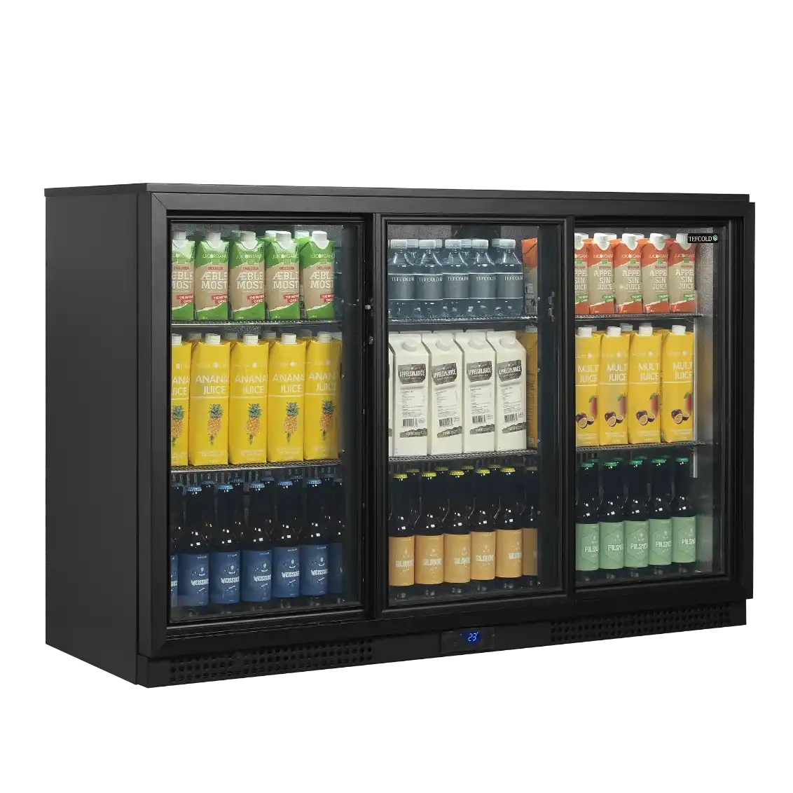 TEFCOLD BA31S-3 Barkyl 311 L, närbild med fokus på hyllor med flaskor