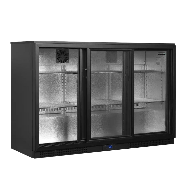TEFCOLD BA31S-3 Barkyl 311 L, ytterligare invändig vy som visar hyllor med flaskor