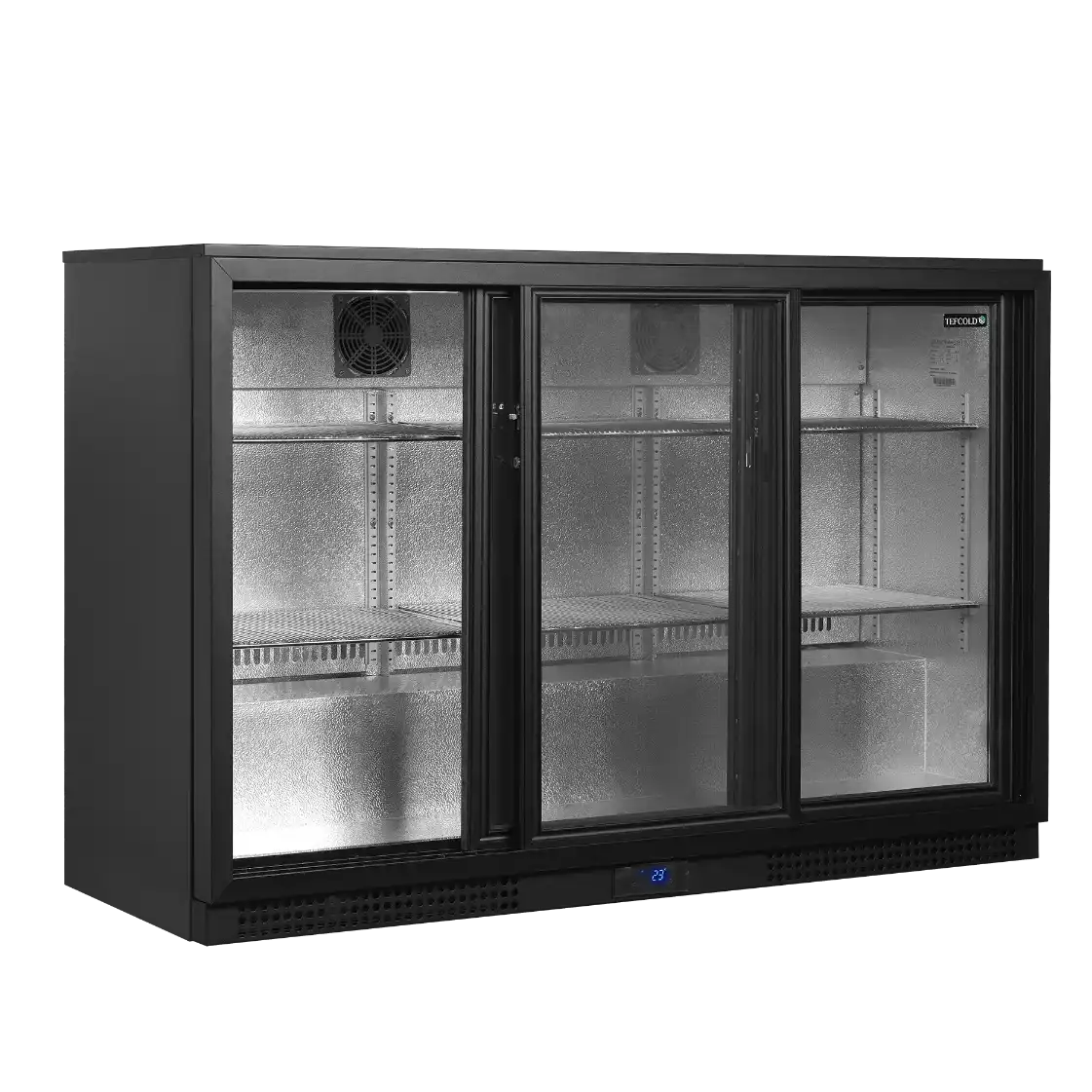 TEFCOLD BA31S-3 Barkyl 311 L, ytterligare invändig vy som visar hyllor med flaskor