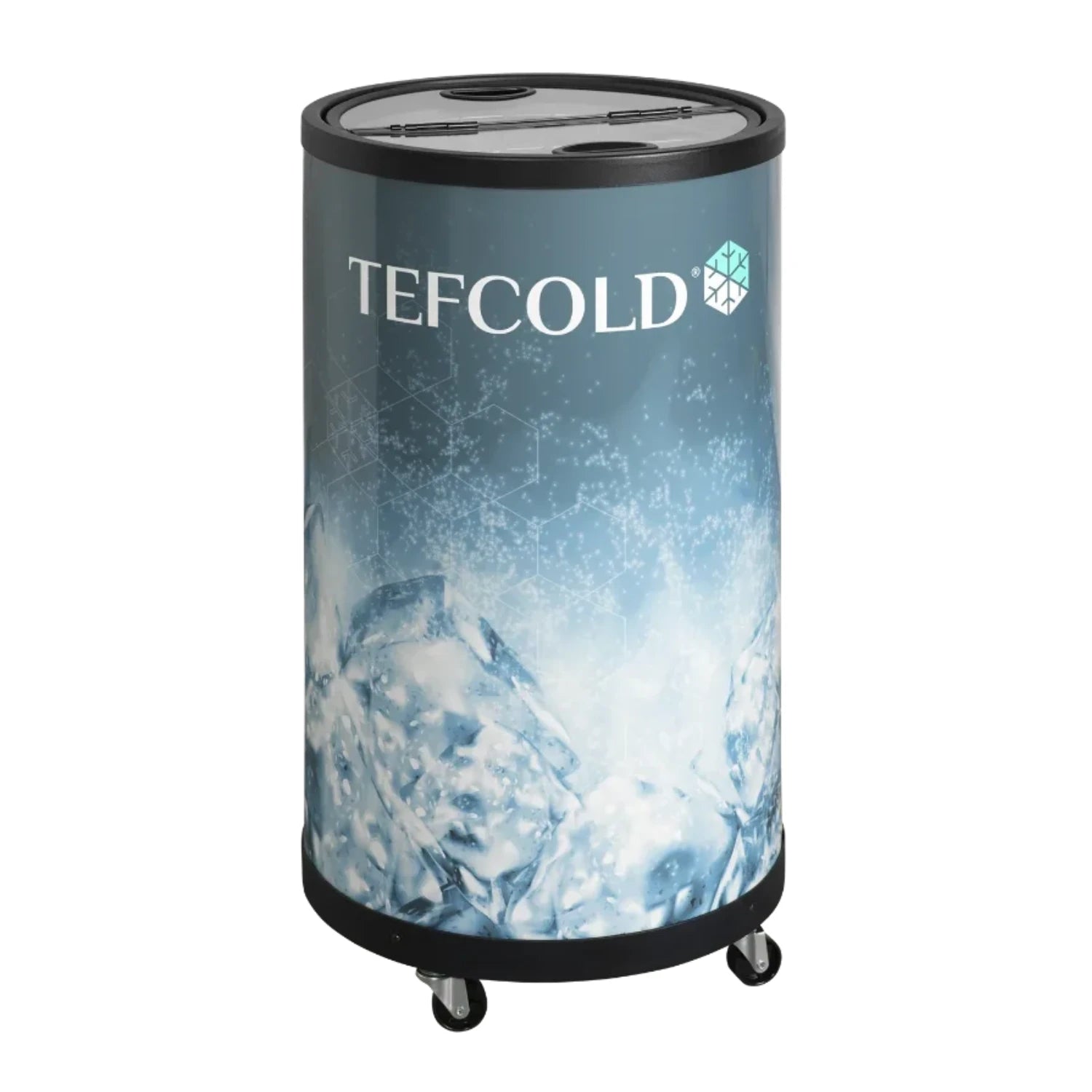 TEFCOLD BTA54-B1 Partykyl 54 L, närbild som visar hyllor med flaskor i blått LED-sken