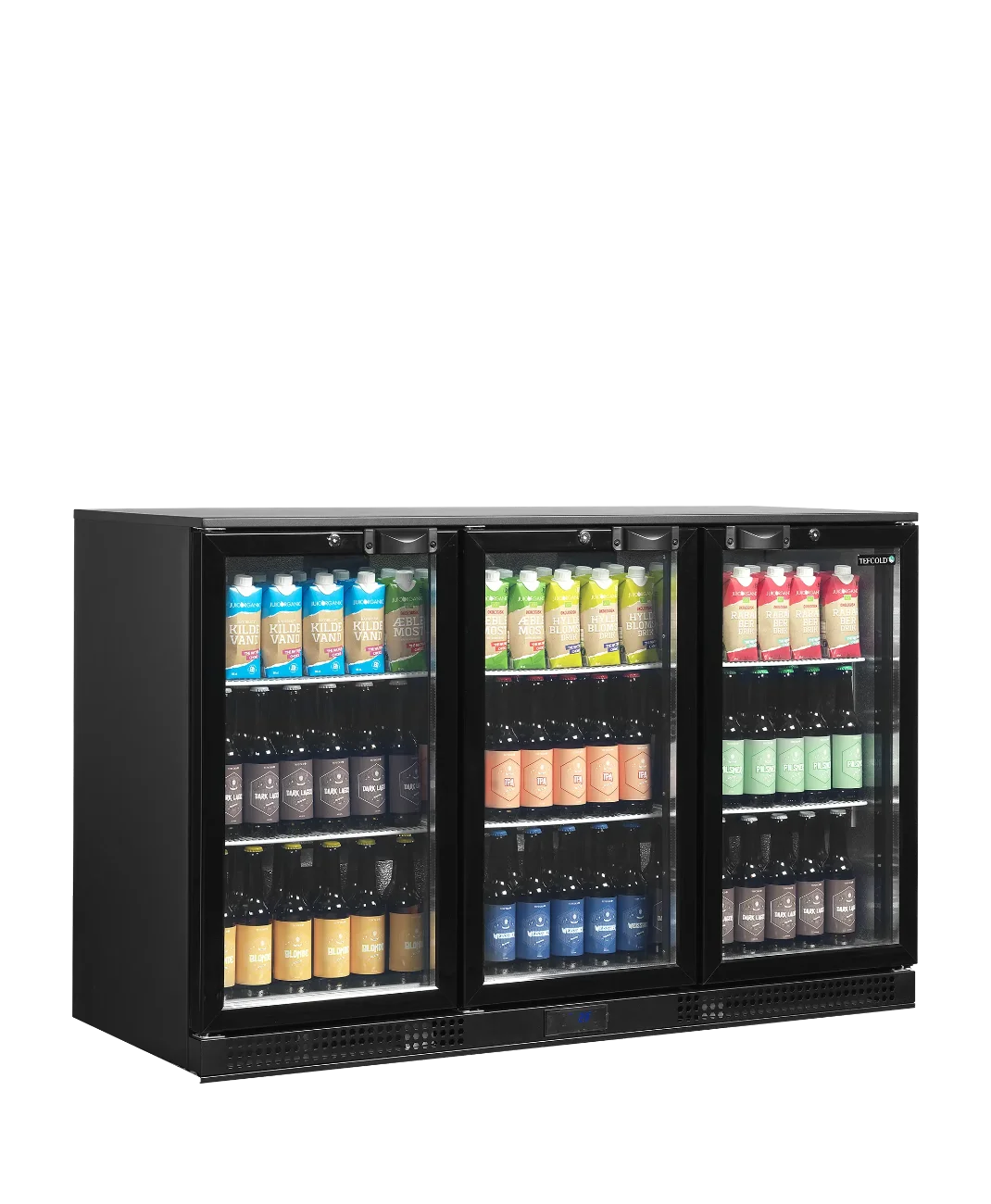 TEFCOLD DB301H-3 Barkyl 300 L, närbild med fokus på hyllor med flaskor