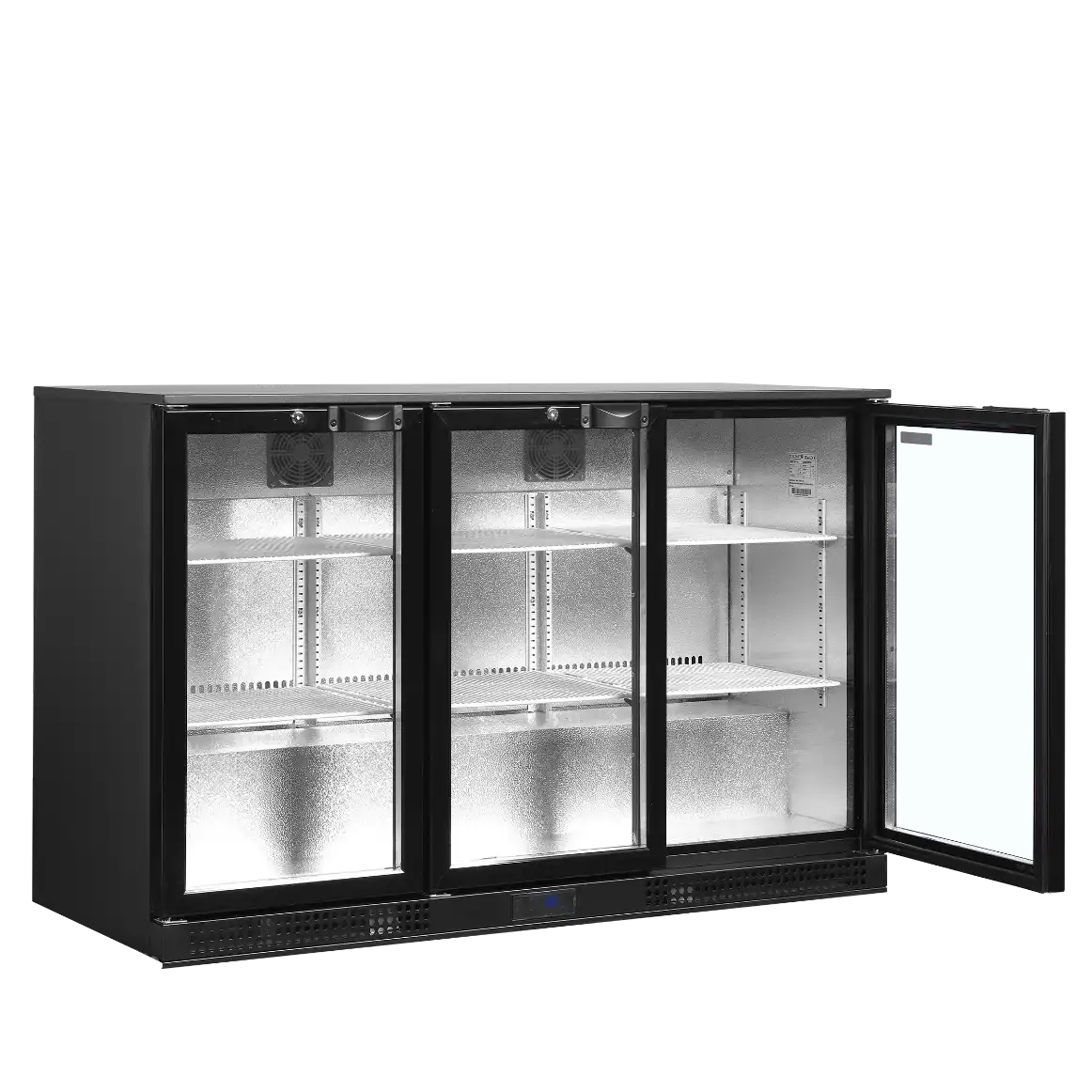 TEFCOLD DB301H-3 Barkyl 300 L, ytterligare invändig vy som visar hyllor med flaskor
