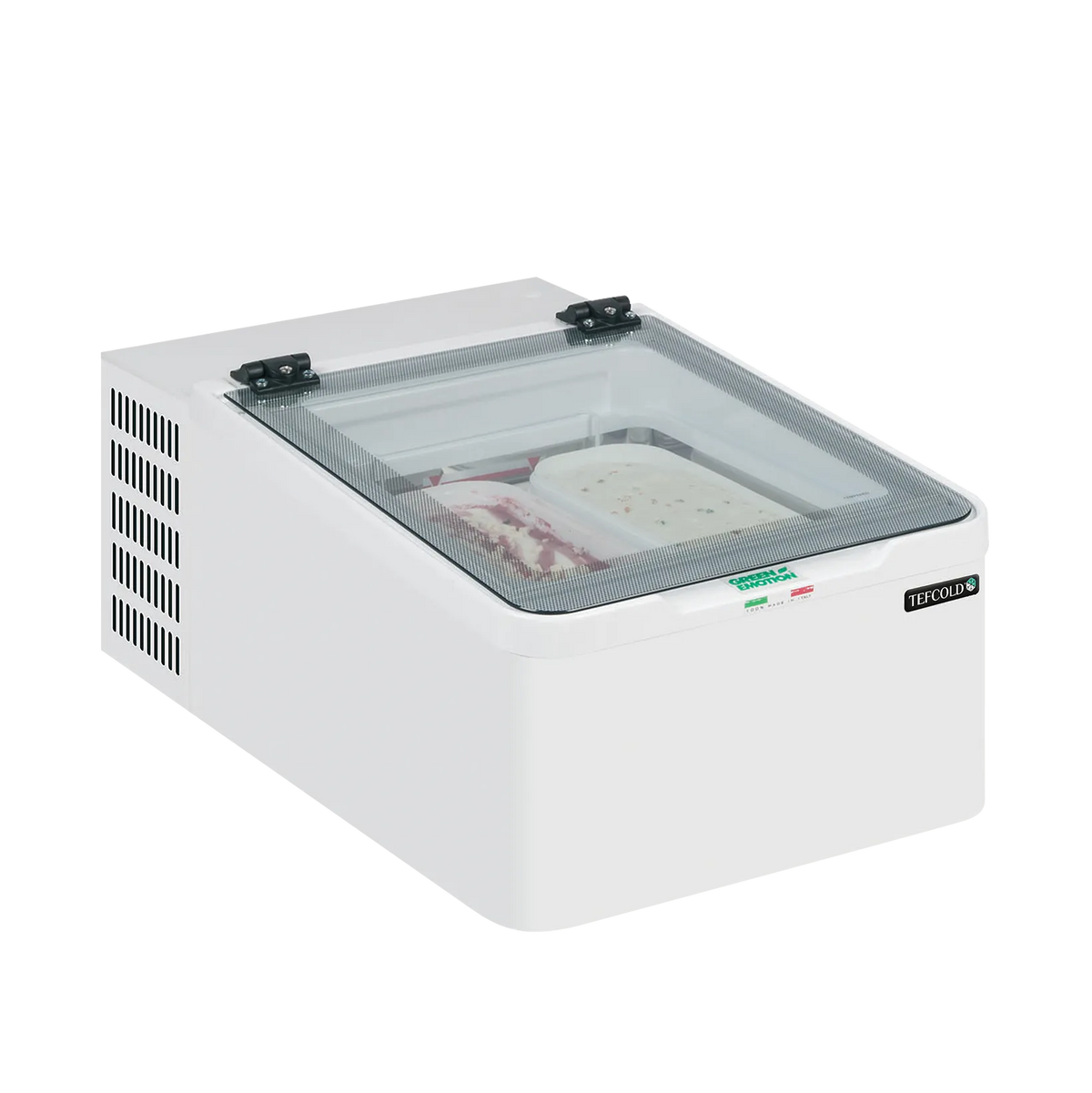 TEFCOLD ICE2 Glassfrys 28 L, sedd från sidan mot vit bakgrund