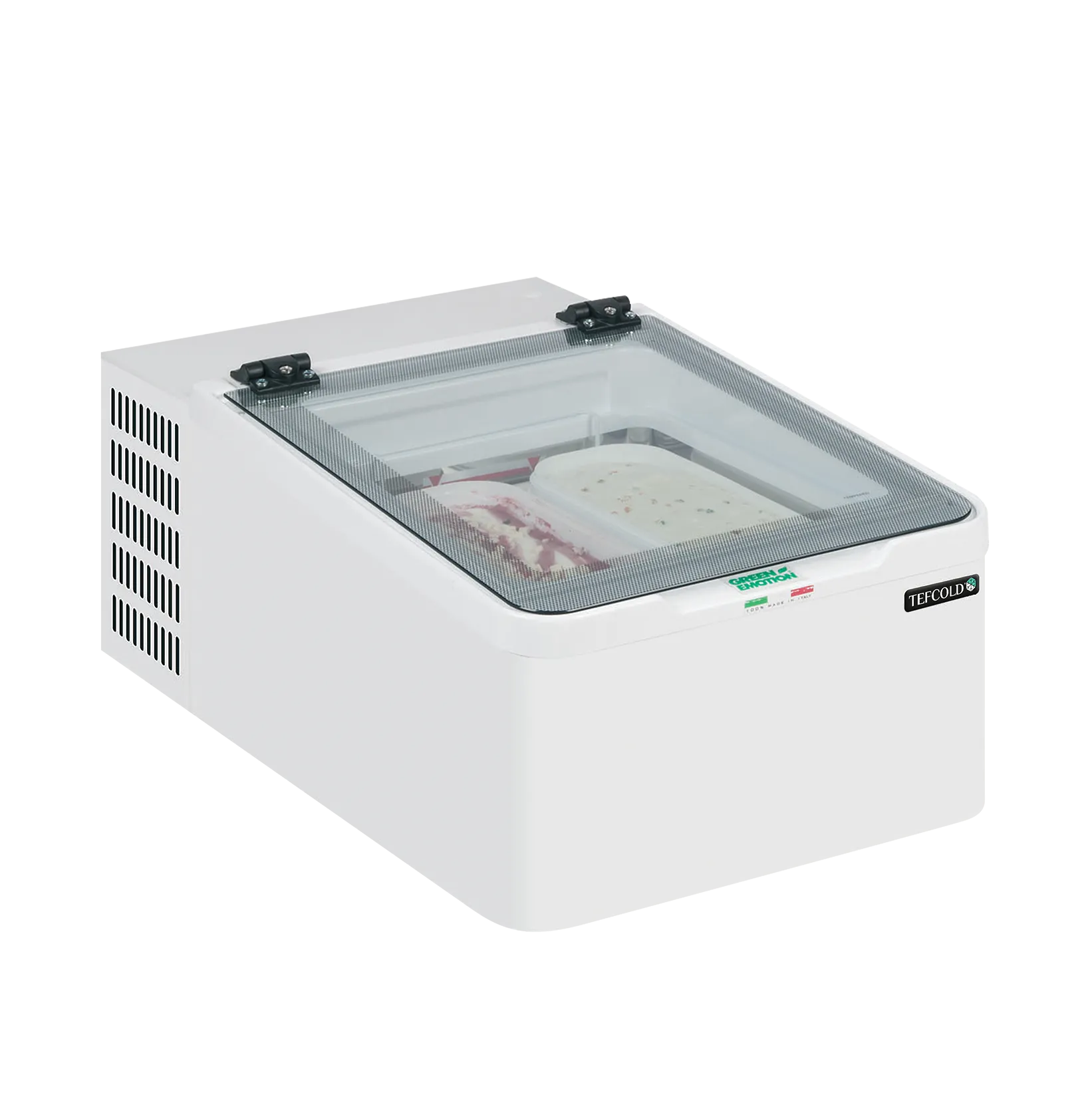 TEFCOLD ICE2 Glassfrys 28 L, sedd från sidan mot vit bakgrund
