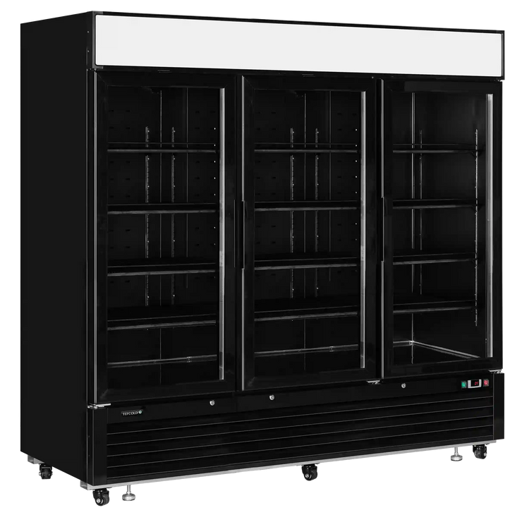 TEFCOLD LGC7500 displaykyl svart modell med tre glasdörrar och tomma hyllor