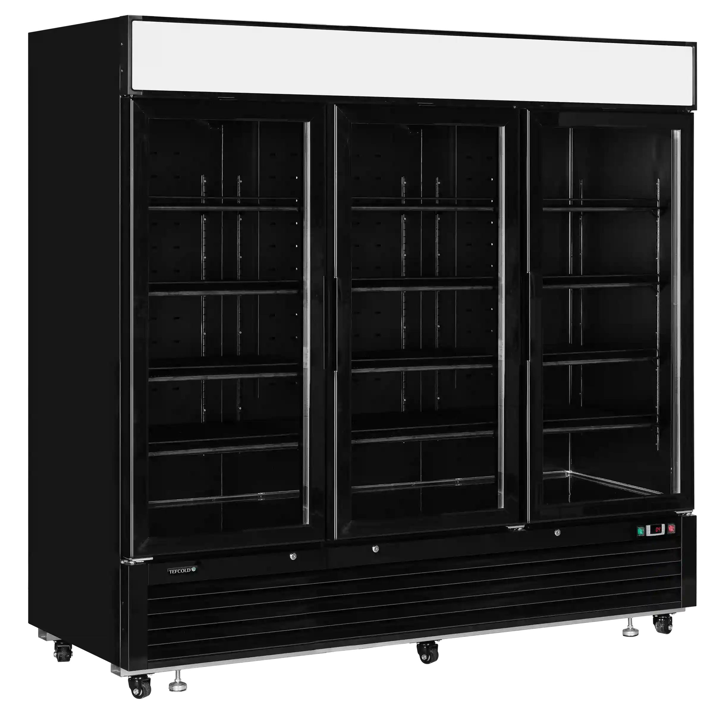 TEFCOLD LGC7500 displaykyl svart modell med tre glasdörrar och tomma hyllor