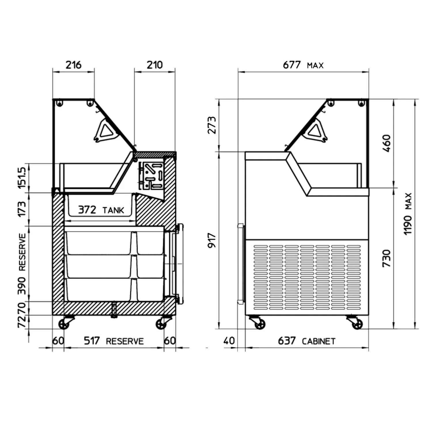 TEFCOLD MIRABELLA 6 Glassfrys 276 L, sedd diagonalt framifrån mot vit bakgrund