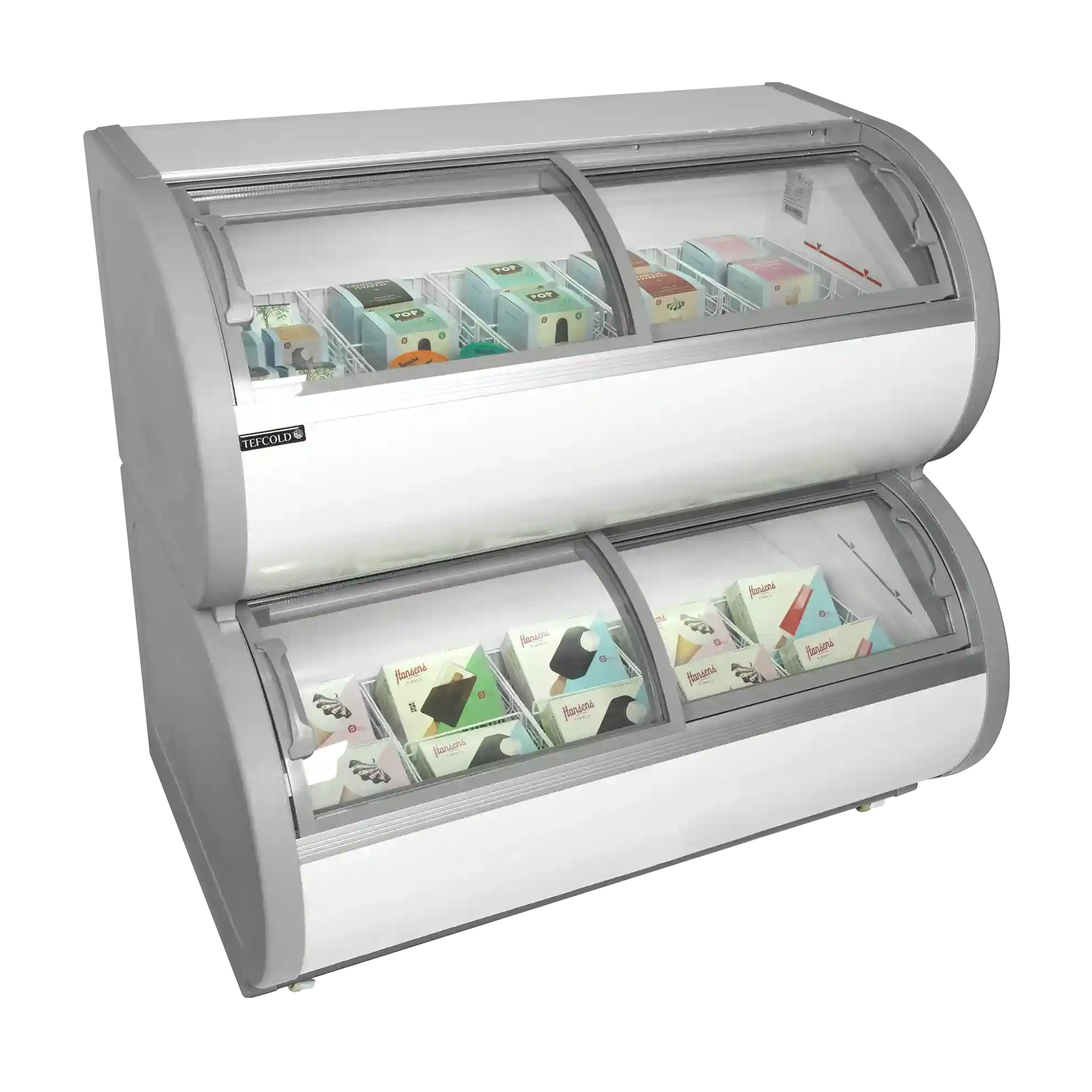 TEFCOLD TD500 Glassfrys 450 L, närbild med fokus på lådor med glass