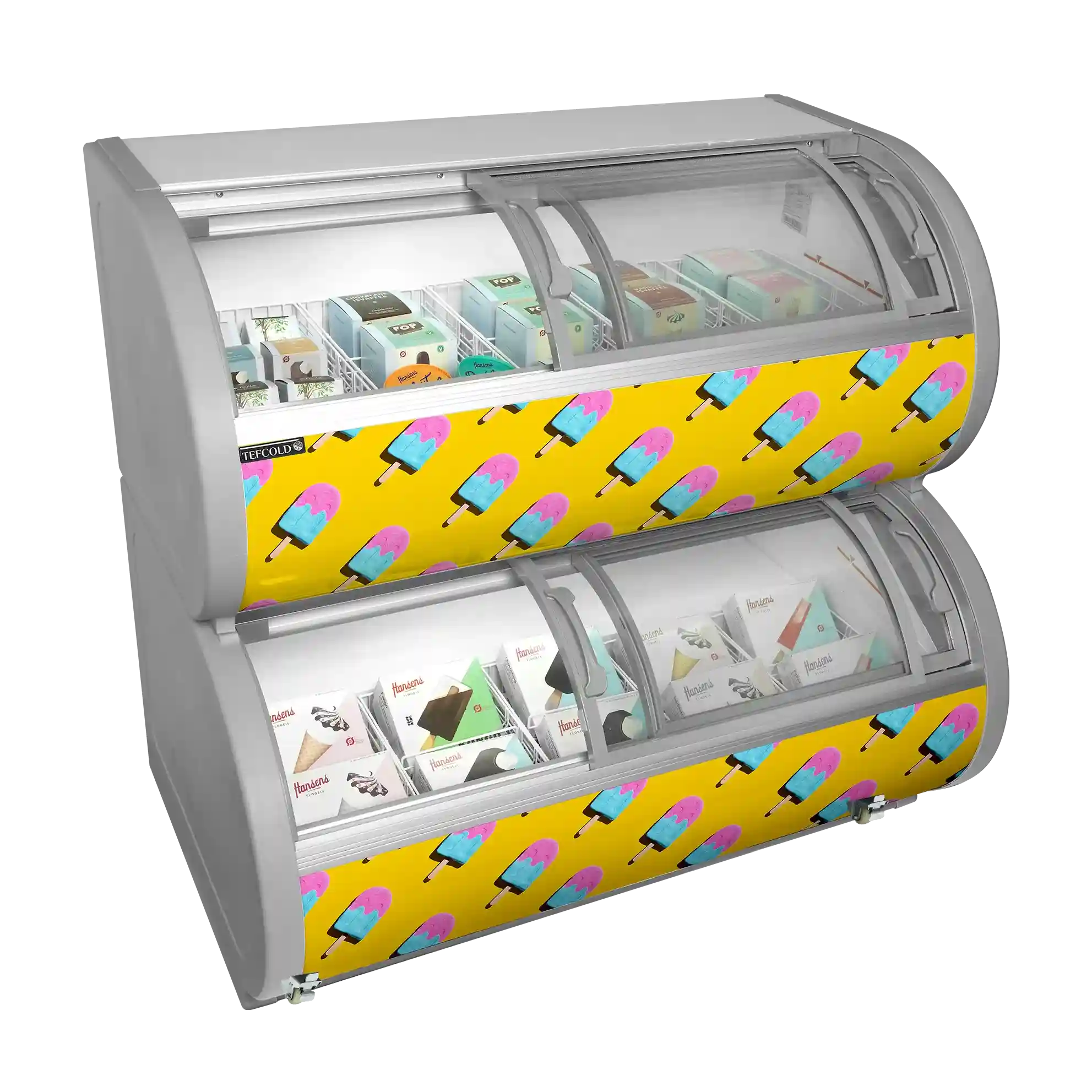 TEFCOLD TD500 Glassfrys 450 L, närbild tagen inifrån mot lådor med glass