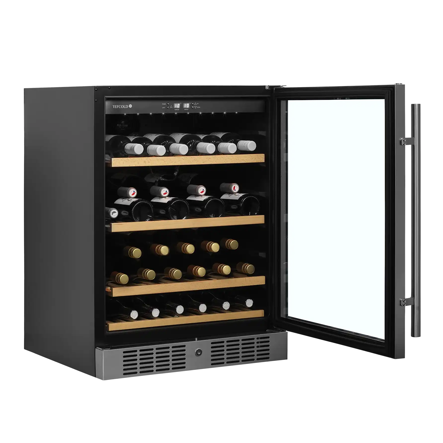 TEFCOLD TFW200-S Vinkyl 155 L, ytterligare invändig vy som visar hyllor med vinflaskor