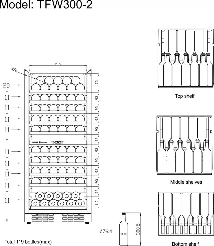 TEFCOLD TFW300-2F Vinkyl 270 L, vinklad vy som visar produktens djup mot vit bakgrund