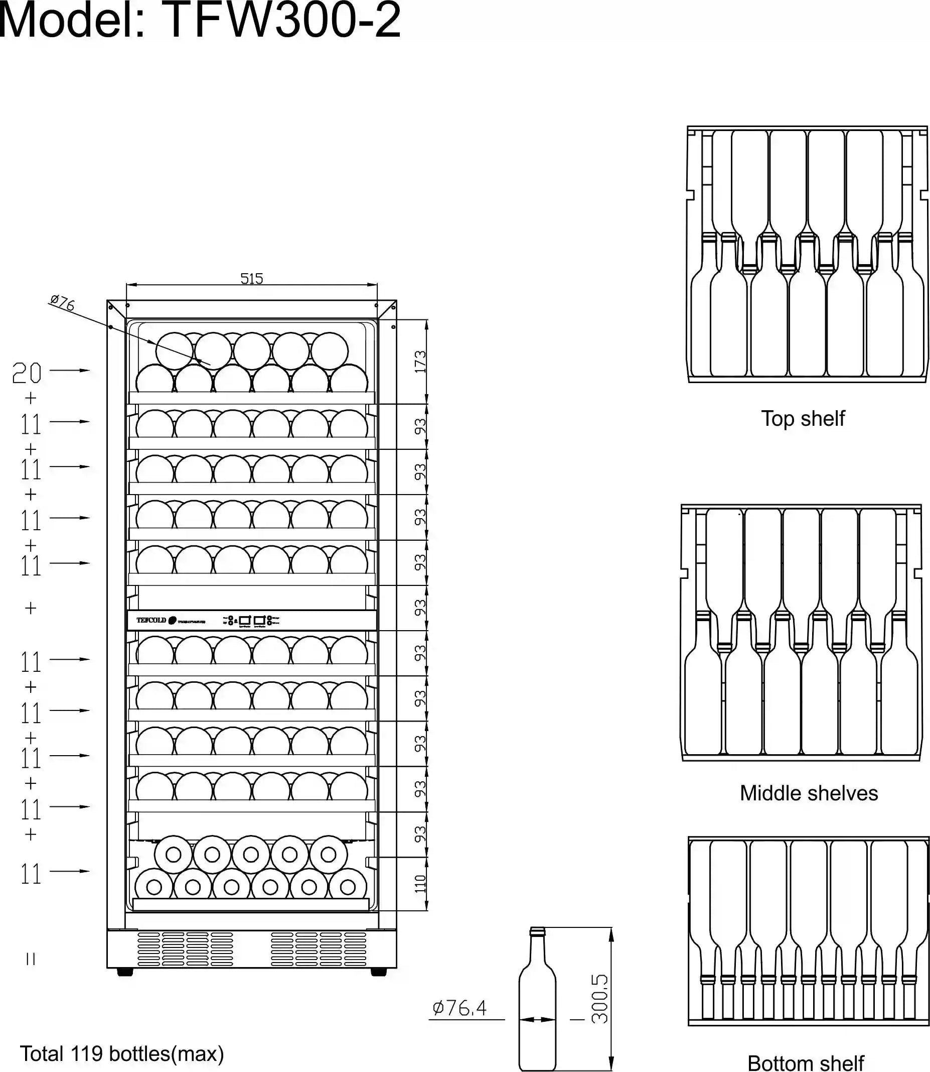 TEFCOLD TFW300-2F Vinkyl 270 L, vinklad vy som visar produktens djup mot vit bakgrund