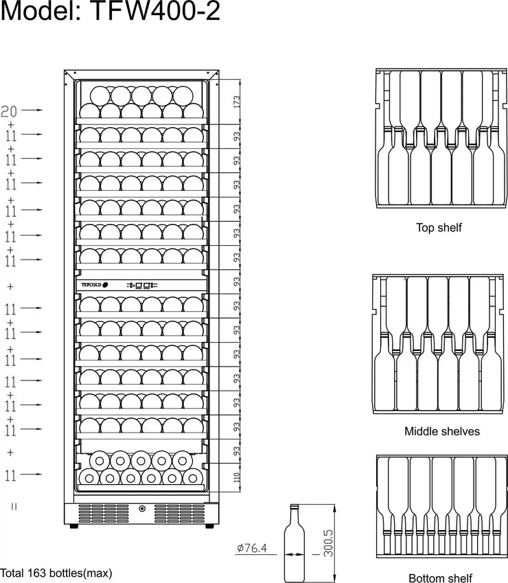 TEFCOLD TFW400-2F Vinkyl 416 L, vinklad vy som visar produktens djup mot vit bakgrund
