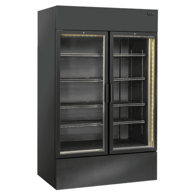 Cool Head TKG 1000CB Displaykyl i svart modell med dubbla glasdörrar och hyllplan.