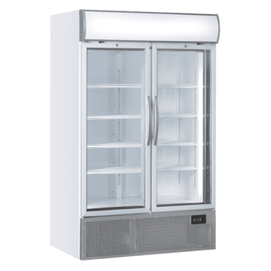 Vit Cool Head TKG 1000H Displaykyl med reklampanel och dubbla glasdörrar.